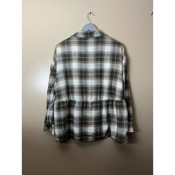 American Eagle Outfitters XS Plaid Flannel Button Down Peplum Shirt Olive Green - Picture 3 of 3